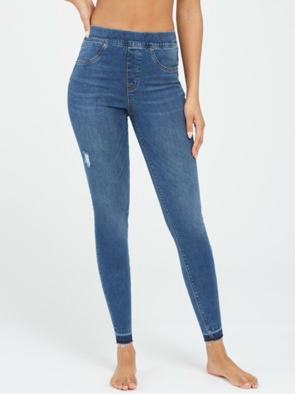 Spanx Distressed Ankle Skinny Jeans Medium Wash High Rise Raw Hem Women’s XS